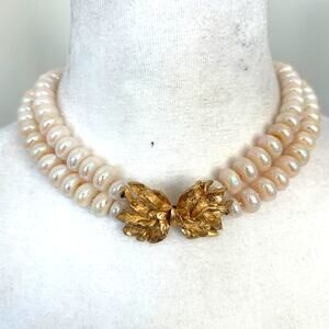 Castlecliff Vintage Double Strand Pearl Choker Necklace Gold Tone Leaf Bow Clasp